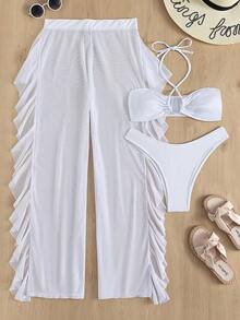 Set de 3 piezas que incluye top halter amarillo sin espalda, Bottom triangular y pantalones de playa con volantes de malla, conjunto de bikini sexy y casual para fiestas, vacaciones y festivales para mujeres - Blanco - Ver 7