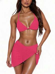 Conjunto de 3 piezas de traje de baño de bikini de unicolor y estilo sexy de halter para mujeres, conjunto de traje de baño, para vacaciones de verano en la playa - Rosado Sandía - Ver 6