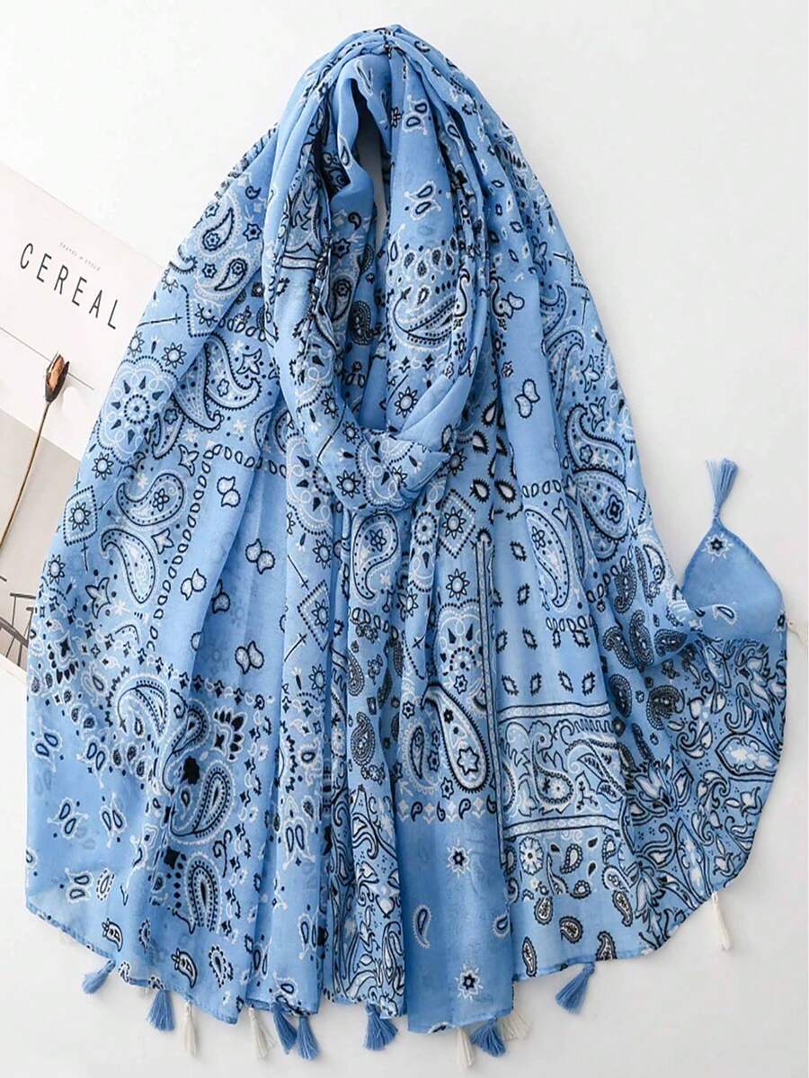 Khăn choàng in họa tiết Paisley cổ điển, màu xanh muối biển, họa tiết hoa điều hình học, khăn choàng điều hòa không khí, khăn voan chống nắng khi đi du lịch, chất liệu polyester họa tiết Paisley. - Màu xanh lam - Xem 1