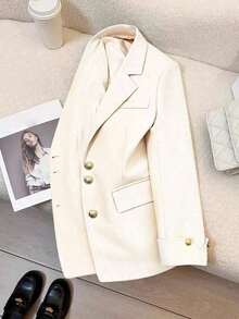 Blazer casual con cuello de solapa y botones para mujer, primavera - Blanco - Ver 4