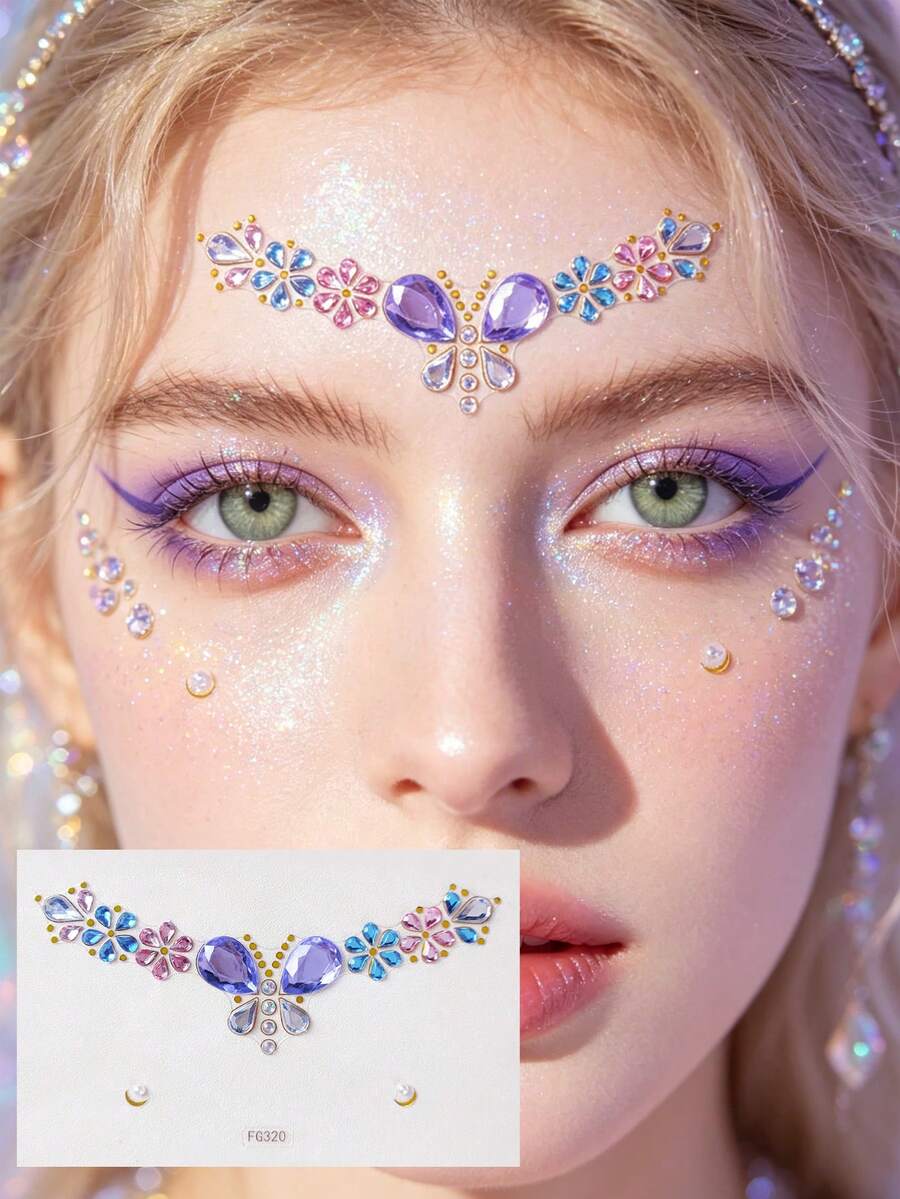 1 pieza Joya facial Pegatina - Pegatina de Rhinestone de mariposa soñadora, Gemas faciales autoadhesivas, Pegatina de maquillaje de escenario. Adecuado para salidas de primavera/verano, festivales de música, fiestas, artículo esencial de maquillaje dulce y picante