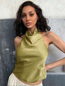 Camiseta sin mangas de satén de unicolor con cuello alto tipo halter Y2K para mujer, ropa de calle linda para el verano en color negro casual - Verde Oliva - Ver 4