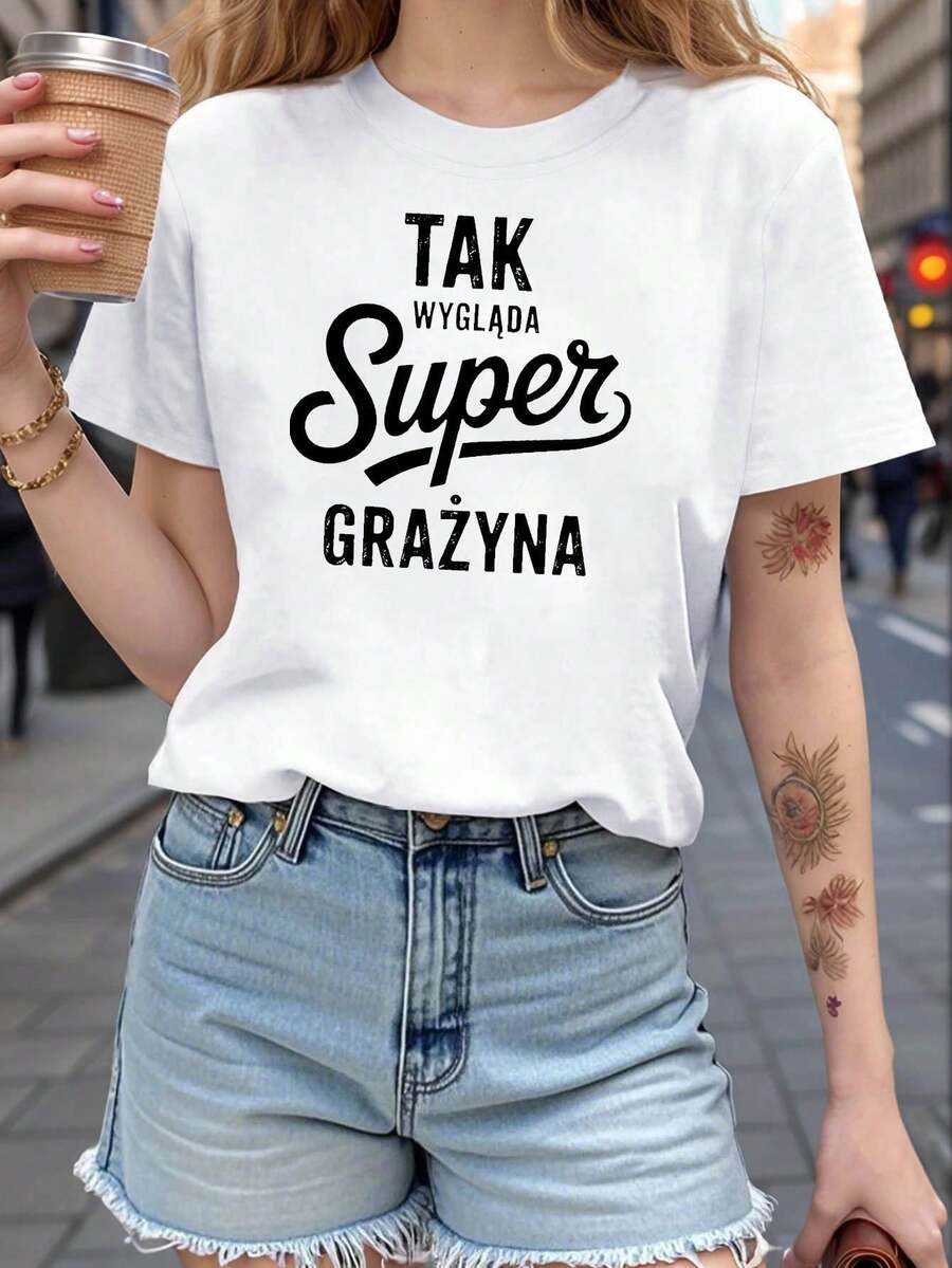 Talla Grande - Talla Grande - ASÍ ES COMO luce la camiseta de talla grande para mujer con estampado de letras Super GRAZYNA, camiseta casual de manga corta con cuello redondo para verano y primavera, ropa de mujer