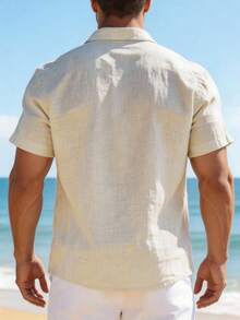 Men's Solid Color Lapel NeckShort Sleeve Casual Linen Shirt - Apricot - View 5