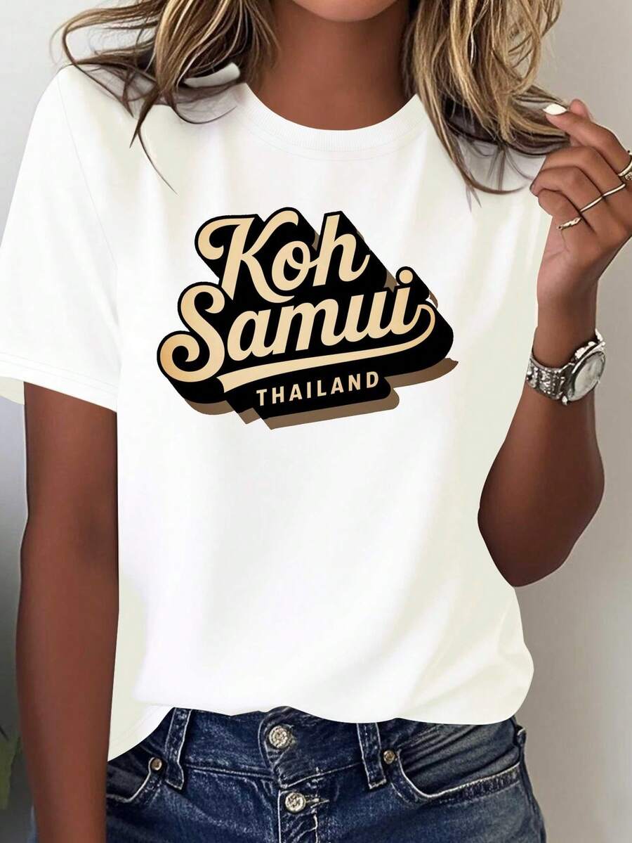 Women's T-Shirt Inspired By Thailand - Koh Samui, White With Koh Samui Logo Print And Thai Writing, Short Sleeve And Round Neck, I Parlaya, Souvenir Or Everyday Thai Style - 白色 - 查看 1