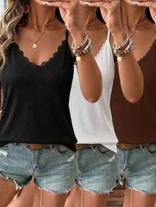 LUNE 3 piezas Tops sin mangas de mujer con encaje de estilo waffle y empalme, prendas básicas de uso diario, primavera/verano, casual - Multicolor 4 - Ver 1