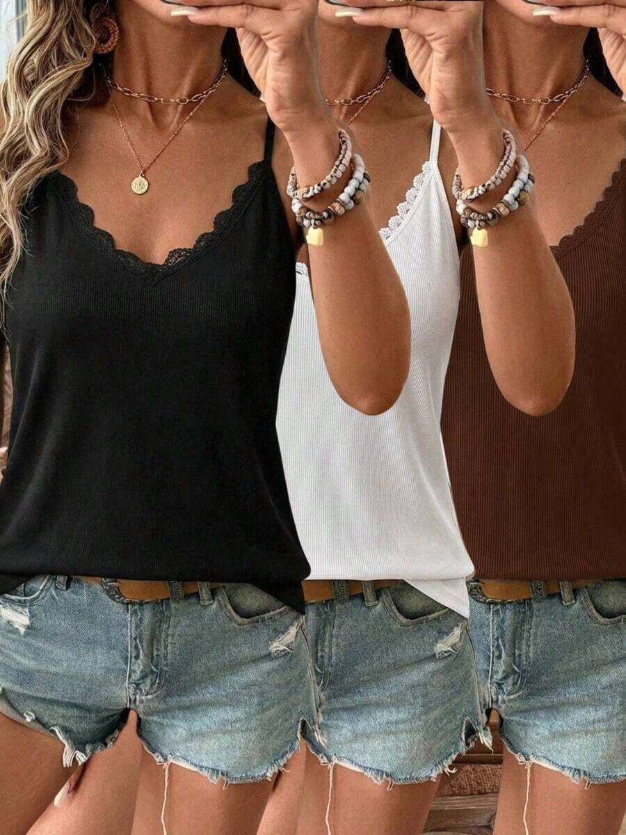 LUNE 3 piezas Tops sin mangas de mujer con encaje de estilo waffle y empalme, prendas básicas de uso diario, primavera/verano, casual - Multicolor 4 - Ver 1