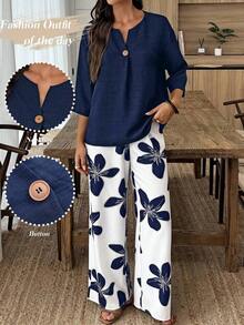 Conjunto de camisa de unicolor y pantalones con estampado floral para vacaciones - Azul marino - Ver 9