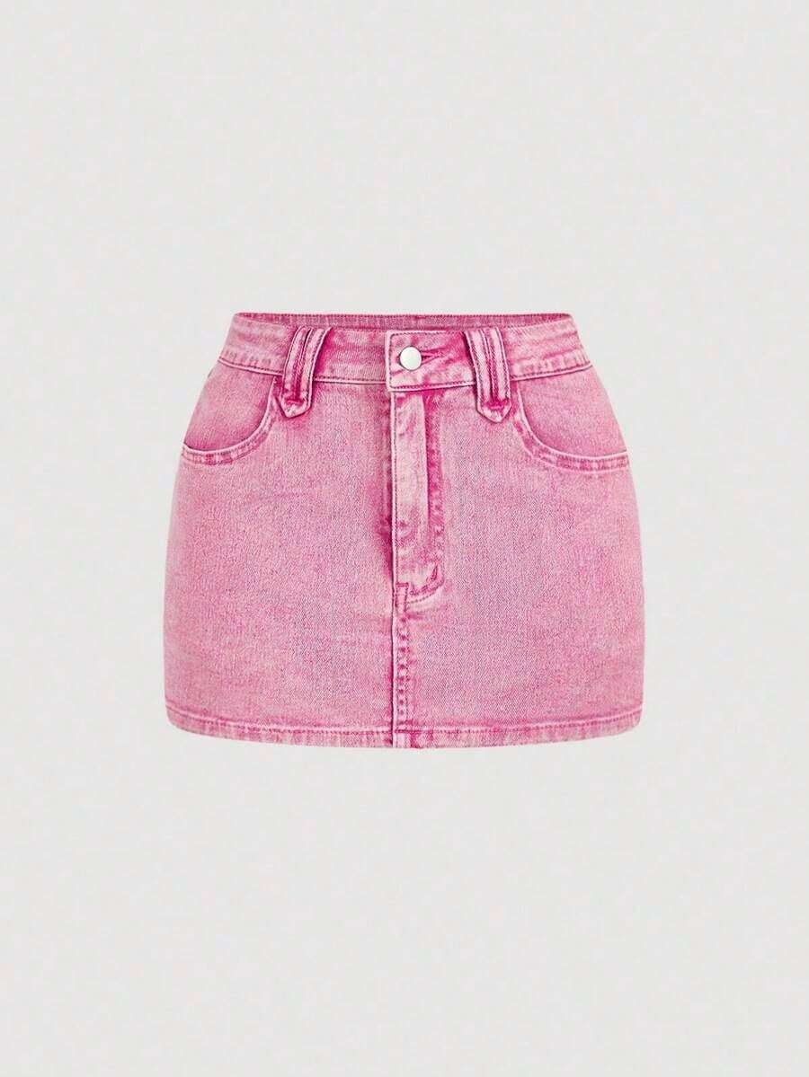 Minifalda de mezclilla ajustada y de tiro bajo lavada, con estilo callejero sexy para el verano - Rosa - Ver 1