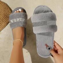 LANGRUIER New Solid Color Bohemian Crystal Embellished Open Toe Flat Slippers, Soft Bottom, Versatile Indoor/Outdoor Wear, All Season - Grey - View 9