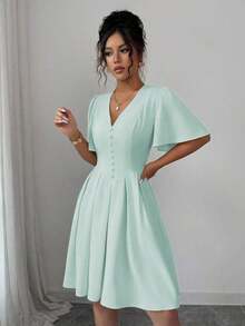 Vestido corto casual y elegante para mujer con cuello en V, mangas con volantes, botones decorativos en el bajo, cintura elástica, adecuado para primavera/verano, ir al trabajo, vacaciones, té de la tarde, fiestas - verde menta - Ver 12
