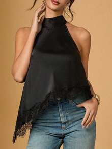 Blusa elegante de cuello halter con bajo asimétrico y encaje de contraste de unicolor para mujer - Negro - Ver 3
