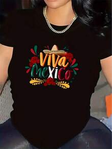 Camiseta de poliéster de edición limitada, estampada con la frase ¡Vivaéxico!, diseñespecíficamente para ropa de trabajo en restaurantes. duradera, ligera, adecuada para fiestas navideñas, cómoda de llevar y presenta colores brillantes, lo que la convierte en una camiseta estampada elegante para actividades informales. Algodón ligero. - Negro - Ver 12