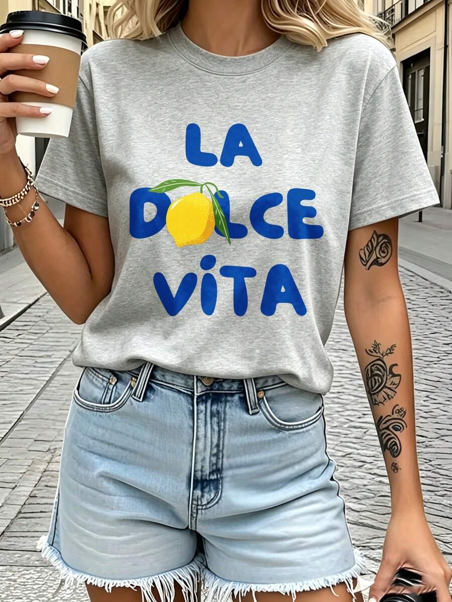Camiseta de mujer de manga corta, estampado de letras azules y limón amarillo, cuello redondo, ropa casual para diario - Gris - Ver 1