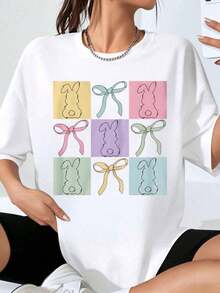 Camiseta Oversize 100% Algodón con Estampado de Conejo y Lazo Pastel, Moda Primavera Pascuá, Camiseta Casual Holgada para Mujer, Camiseta Gráfica - Estilo Urbano Vintage, Camiseta Unisex de Algodón Holgada de Manga Corta y Cuello Redondo - Blanco - Ver 1
