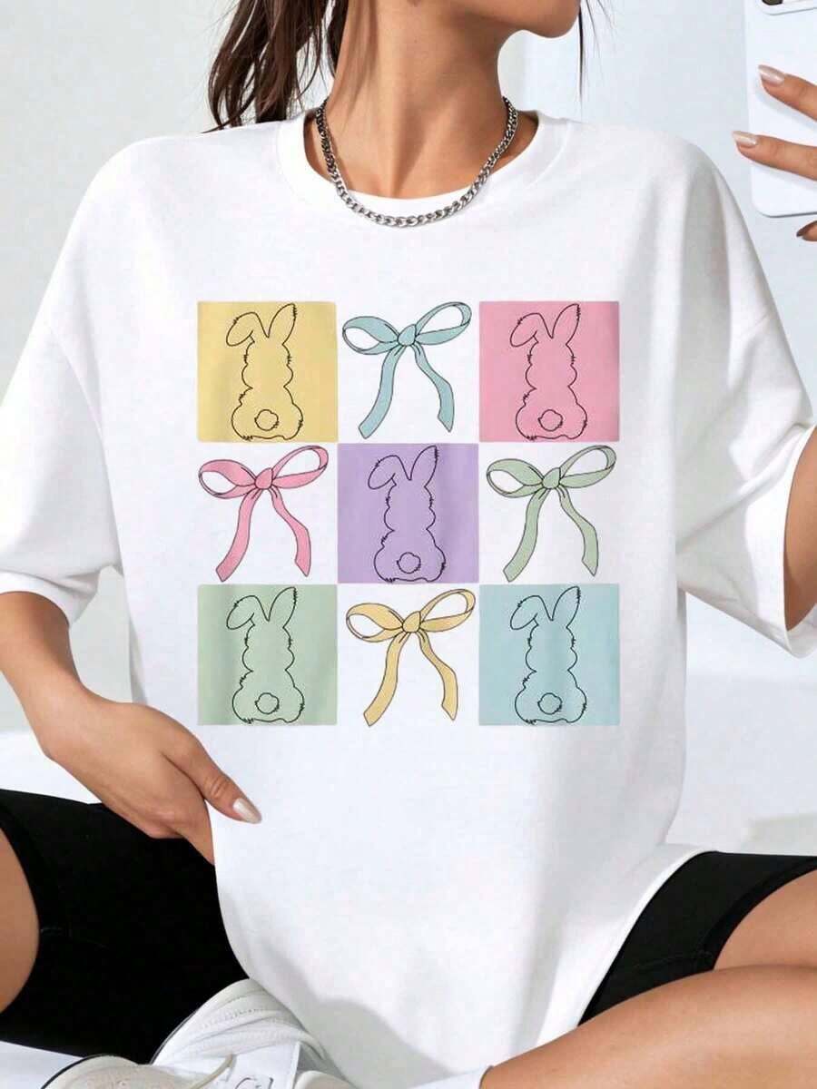 Camiseta Oversize 100% Algodón con Estampado de Conejo y Lazo Pastel, Moda Primavera Pascuá, Camiseta Casual Holgada para Mujer, Camiseta Gráfica - Estilo Urbano Vintage, Camiseta Unisex de Algodón Holgada de Manga Corta y Cuello Redondo - Blanco - Ver 1