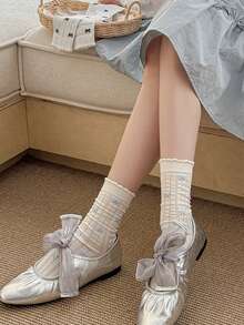 3 Pasang Kaos Kaki Wanita Tipis Minimalis Segar dengan Pita, Panjang Setengah Betis, Gaya Korea, Serbaguna, Bernapas, Anti Selip, Warna Acak - View 11