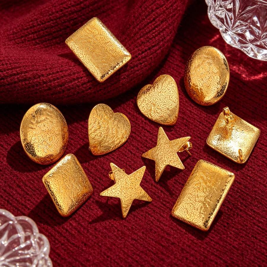 10 Pcs 18K Gold Plated 304 Stainless Steel Stud Earrings, Including Hammered Star, Heart, Square And Oval Empty Base Pins, Suitable For Handmade DIY Jewelry Making - Earrings - View 1