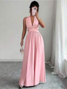 Elegante vestido sin mangas con cuello en V, diseño hueco en la cintura y pliegues, color morado, nueva llegada de primavera/verano - Rosa - Ver 3