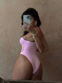 Traje de baño de una sola pieza para mujer con diseño de unicolor, tirantes, parches de malla, sexy y con recortes, estilo bohemio para festivales - Rosa - Ver 2