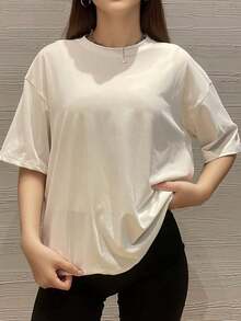 Camiseta de manga corta oversize, negro sólido, ajuste holgado casual para deportes blancos de verano - Blanco - Ver 4