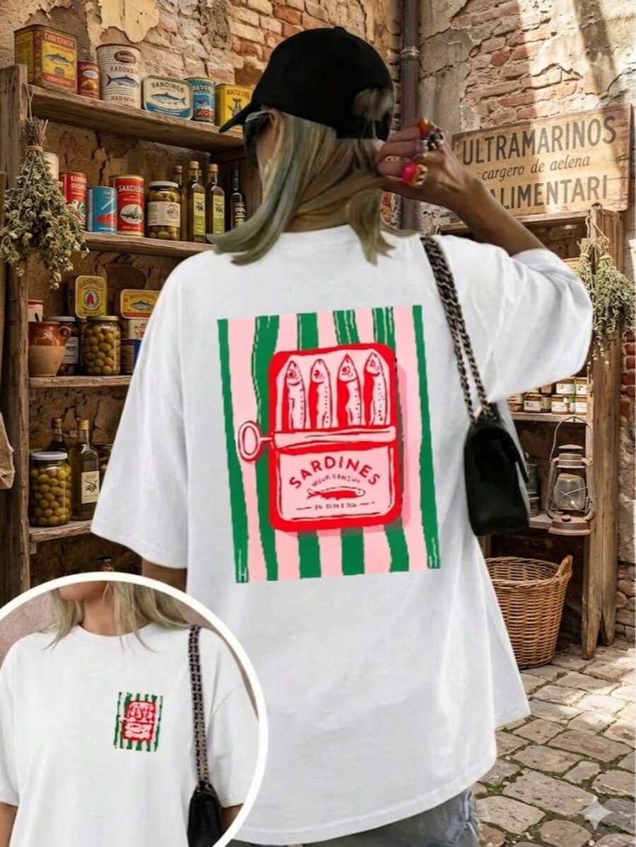 Women's Round Neck Printed Short Sleeve T-Shirt, Casual Loose Fit, Super Soft & Comfortable Fabric, Ins Street Fashion Style, Classic All-Match Graphic Tee, Breathable Lightweight Daily Basic Top, Perfect For Daily Wear, Casual Vacation, Office Commute, Outdoor Going Out, Weekend Gathering, Shopping And Leisure Activities, Ladies Oversized Casual Pullover T-Shirt - 白色 - 查看 1