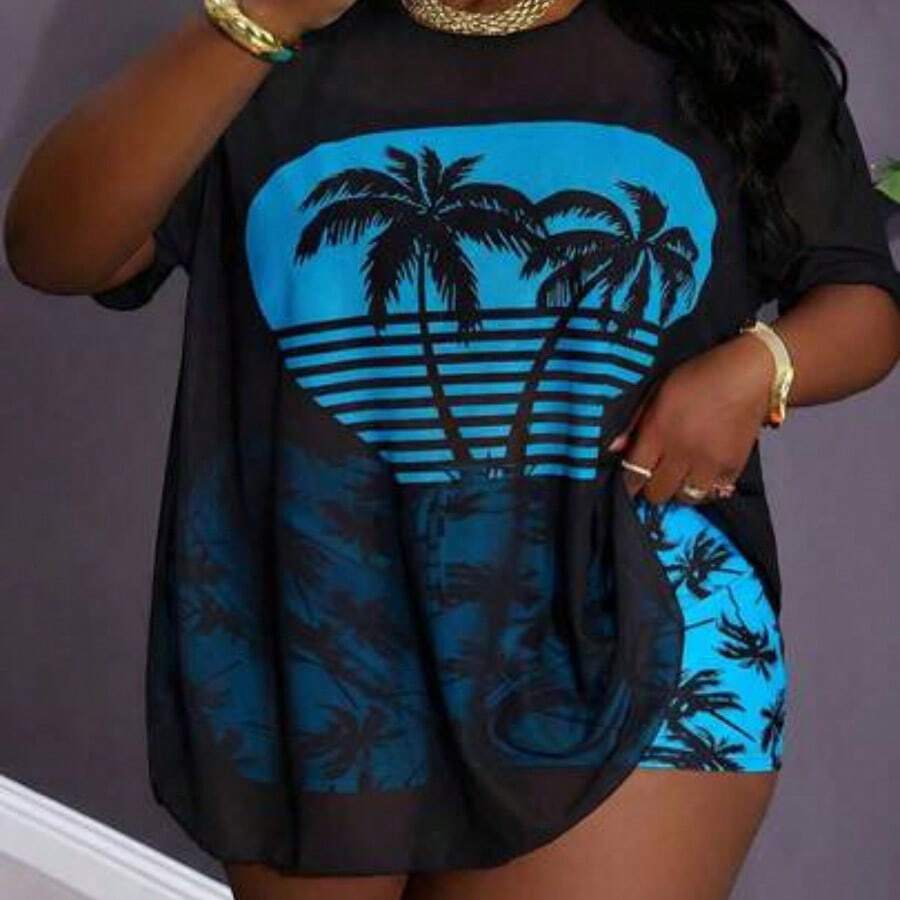 CURVE+ Curved Plus Size Women's Minimalist Casual T-Shirt+Plus Size Vest Bikini+Plus Size Shorts, Suitable For Daily Wear On Summer Beach Vacations, Plus Plus Size Three Piece Swimsuit,Curve Plus ,Hoho Vacationbeach Outfits For Woman/Beach Dress/Beach Vacation Outfits/Beach Essentials / Graduation/Tea Party Dresssummer/Country/Beach Vacation Outfits/Beach Outfits/Beach Wear Plus Size Bathing Suits Women - Azul - Ver 1