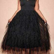 Cravure Plus Size Solid Color Elegant Sleeveless Party Dress With Mesh Splice Maxi Women Outfit - Burdeos - Ver 6