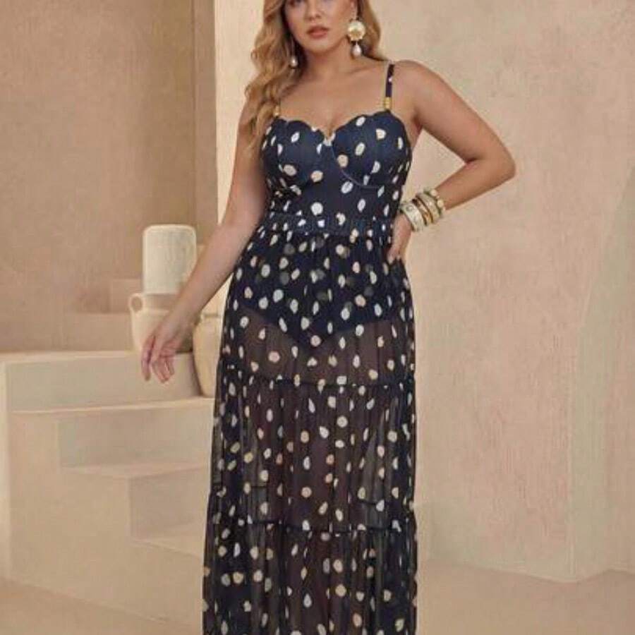 Swim Oasis Summer New Plus Size Women's Fashion Floral Print Petal Cup Underwire Push Up One-Piece Swimsuit With Ruched Waist & Mesh Skirt 2 Pieces Swimwear - Blanco y Negro - Ver 1