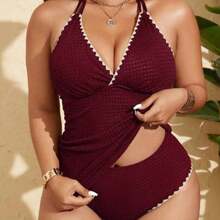 Swim Lushore Plus Size Women's Black V-Neck Adjustable Strap V-Neck Tankini Swimsuit, Fashionable Beach Resort Swimming Attire For Summer - Burdeos - Ver 1