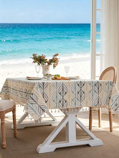 Mantel con flecos con estampado de hojas apagado, mantel con estampado geométrico de hojas con flecos, decoración de mesa de comedor estilo bohemio artístico, mantel con estampado de plantas frescas con flecos, tapete de mesa de comedor, mantel de comedor atmosférico