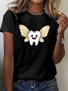 Camiseta con estampado de dientes, de manga corta y cuello redondo, estilo casual, ropa de mujer para primavera/verano. - Negro - Ver 1
