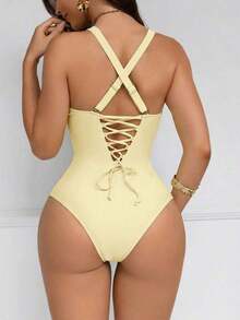 Traje de baño de una pieza con control de abdomen y push-up, con parches de color marrón, cordón de ajuste elegante y sexy, para fiestas y piscina - Beis - Ver 7