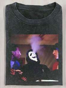 Camiseta Retro Lavada de Halloween con Estampado Gráfico de Scream Ghostface y Manos de Corazón, Camiseta Vintage para Hombre, Camiseta de Manga Corta con Cuello Redondo, Camisetas de Algodón de 230 Gramos, Regalos para las Fiestas - Negro 6 - Ver 1