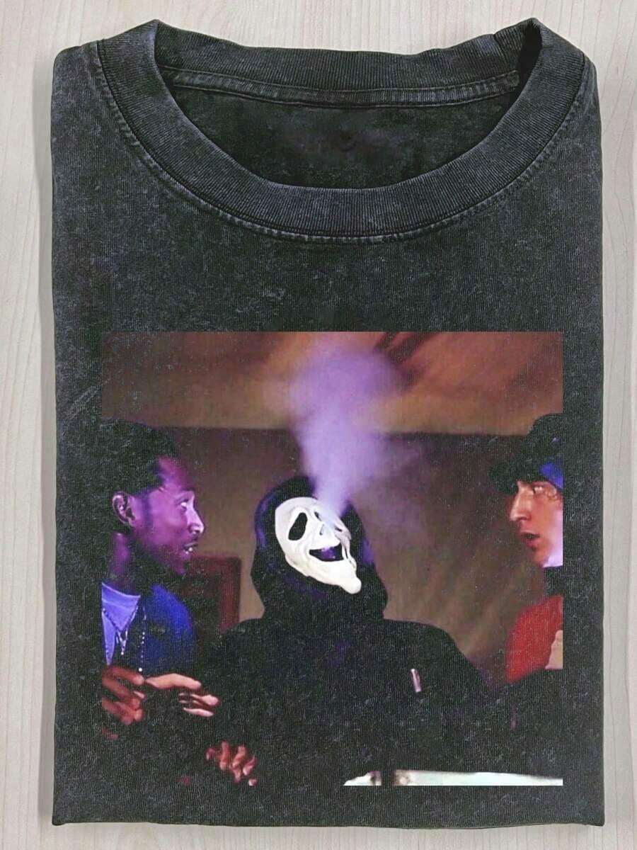 Camiseta Retro Lavada de Halloween con Estampado Gráfico de Scream Ghostface y Manos de Corazón, Camiseta Vintage para Hombre, Camiseta de Manga Corta con Cuello Redondo, Camisetas de Algodón de 230 Gramos, Regalos para las Fiestas - Negro 6 - Ver 1