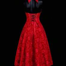 ICON Deep V-Neck Bowknot Strap Jacquard Palace Style Romantic Satin Dress White Dresses For Women - Rojo - Ver 3