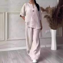 Casual Linen Co-Ord Set Ladies With Single Button Detail And Elastic Waist Trousers - Dark Grey - View 6