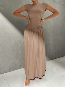 Vestido de línea A de manga corta, de cuello, ajustado, con bajo asimétrico, de uso diario, de estilo minimalista y elegante - Caqui - Ver 6