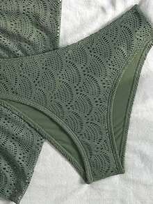 Conjunto de 3 piezas de traje de baño de bikini de unicolor y estilo sexy de halter para mujeres, conjunto de traje de baño, para vacaciones de verano en la playa - Verde - Ver 5