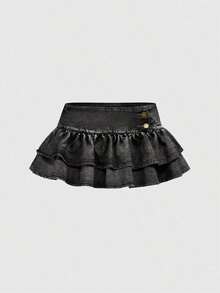 Grunge Punk Vintage Blue Y2K Millennium Style Ultra Low Waist Sexy Ruffle Hem Mini Denim Skirt - Lavado oscuro - Ver 5