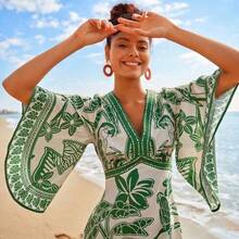 Retro Tropical Print V-Neck Casual Dress, Fall  Clothes, New Year, Wedding Guest Outfits, Elegant Graduation, Luxury Prom Dress, Casual Outfits - Verde - Ver 2