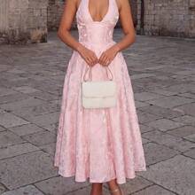 Elegant Date & Resort Romantic Textured Print V-Neck Waisted Flare Midi Dress Party Summer - Rosa coral - Ver 3