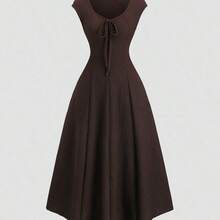 Sweetro Solid Color Waist Tie Fitted Knit Maxi Dress, European And American Style - Camel - Ver 2