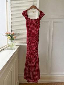 YHHSHEIN  Vestido de verano de cola de pez con dobladillo largo y puntos polka de malla para mujerYHH - Burdeos - Ver 5