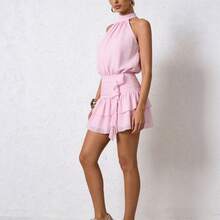 Vestido corto de moda para mujer sin mangas en rosa con diseño de colgante cuello nuevo estilo verano casual elegante femenino - Rosa Pálido - Ver 2