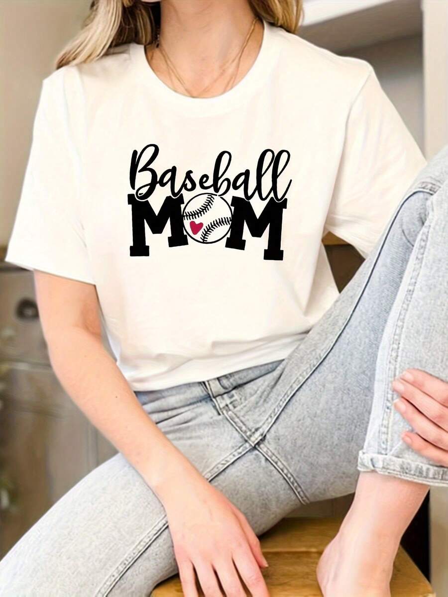 1 pieza de camiseta casual de primavera/verano con estampado de letras "MOM", cuello redondo, manga corta, deportiva, para mujer, 180g 100% algodón. - Blanco - Ver 1