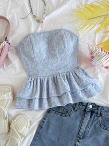 Blusa amarilla casual de verano estilo peplum sin espalda con lazo para mujer, look casual para vacaciones, almuerzo o de regreso a clases - Celeste - Ver 1