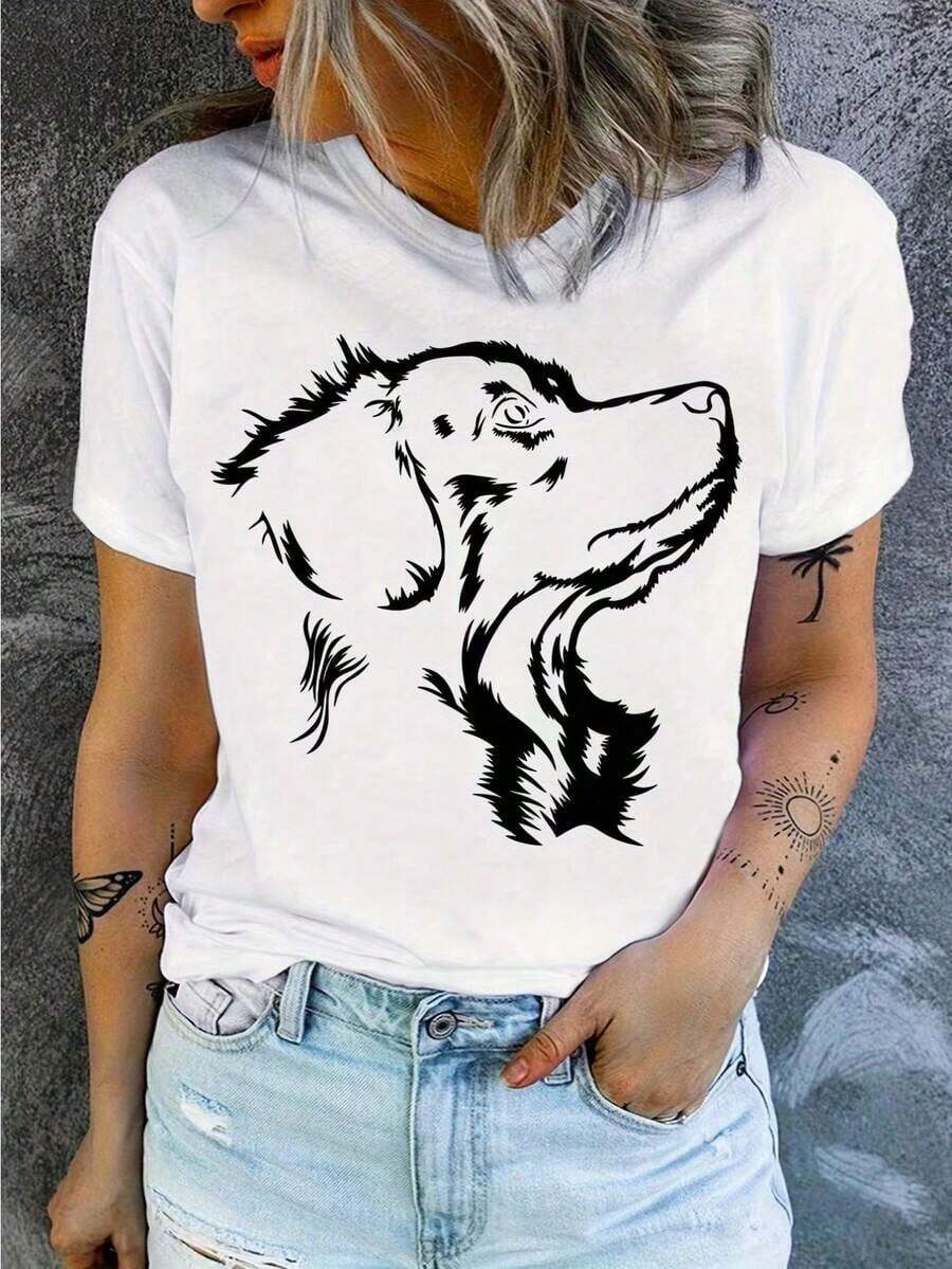 New Women's Scotia Retriever T-Shirt - Black And White Dog Lover Pattern, Short Sleeve, Casual Summer Crew Neck Top, Machine Washable Gift Suitable For Dog Lovers, Pet Owner Clothing, Geometric Pattern Stretch Fabric, Fun Dog Design For Everyday Wear - 白色 - 查看 1
