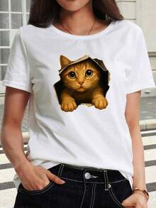Women's T-Shirt With A Cute Cat Peeking Out - Short-Sleeved Top With An Orange Cat Print, A Must-Have For Pet Lovers. Crew Neck Top For Spring, Summer, And Autumn. Suitable For Everyday Wear, Commuting, And Casual Occasions. Stretchy Fabric, Machine Washable. - 白色 - 查看 8