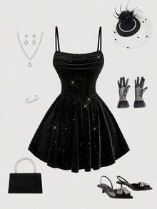 Elegante vestido de tirantes con fruncido en la cintura de color liso - Negro 2 - Ver 6